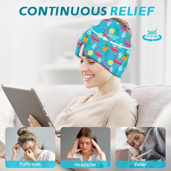 Migraine Relief Cap, Soothing Headache Ice Face Mask Products, Hot and Cold Therapy, Migraine Headache Relief Cap for Migraine, Sinus, Puffy Eyes, Tension, Stress and Hangover (Pink+Blue2)