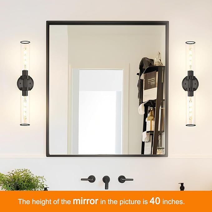Matte Black Wall Sconces Set of 2, Modern Bathroom Vanity Lights for Mirror, Hardwired Glass Wall Light Fixtures with E26 Base (Bulbs Required) for Bathroom, Bedroom, Hallway, 22.05 Inch