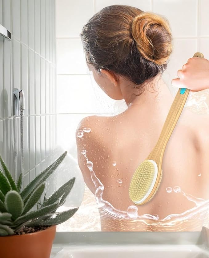 Back Scrubber for Shower, Long Handle Dual-Sided Shower Brush with Soft and Stiff Bristles, Body Exfoliator