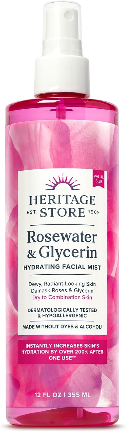HERITAGE STORE Rosewater & Glycerin Hydrating Facial Mist - Dry Combination Skin Care - Rose Water Spray w/Vegetable Glycerine, Made Without Dyes or Alcohol, Hypoallergenic, 12 FL OZ