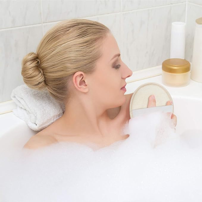 Boao 3 Pcs Bath Shower Pouf Sponge Mesh Pouf Shower Ball Exfoliating Body Sponge Pad Scrubber Glove with Flower Bath Ball (Beige)