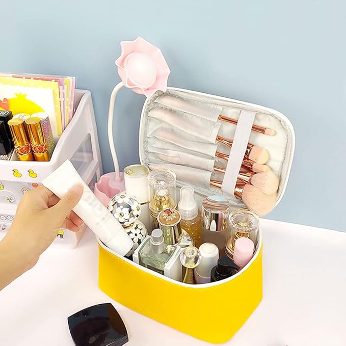 Meiyuuo Makeup Bag Large Cosmetic Bags for Women Girls Cute Travel Zipper Pouch Toiletry Organizer for Beauty Essentials Waterproof (Yellow)
