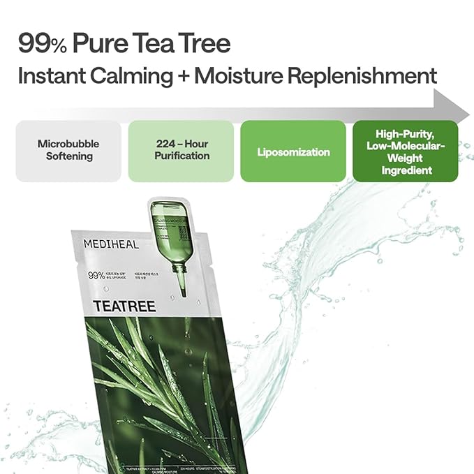 Mediheal Essential Face Mask [Teatree] Calming Moisutre 10 pcs. with 99% Purity Teatree for Intensive Soothing, Deep Hydration - suitable for acne-prone skin - Vegan Formula Korean Sheet Mask