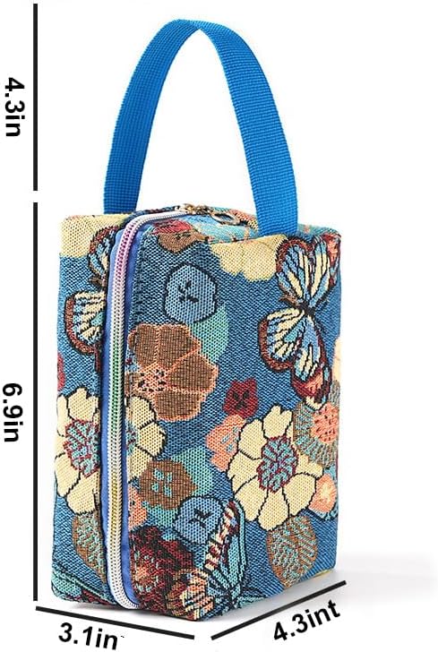 Rectangular Makeup Bag Small Cute Cosmetic Bags for Women，Floral Travel Toiletry Bag for Purse, Canvas Cosmetic Pouch Makeup Organizer Tool Pouch with Zipper（Garden Blue）