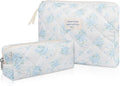 2PC Makeup Bag Set, Cute Cosmetic Bag for Women Girls, Floral Coquette Aesthetic Toiletry Bag, Travel Make Up Organizer Bag (Blue Rose)