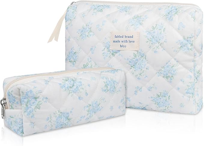 2PC Makeup Bag Set, Cute Cosmetic Bag for Women Girls, Floral Coquette Aesthetic Toiletry Bag, Travel Make Up Organizer Bag (Blue Rose)
