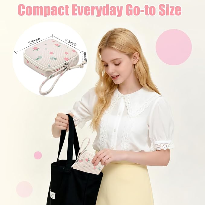 Small Makeup Bag | Discreet Period Bag Pad Pouch for Purse| Sanitary Napkin Storage & Tampon Holder for Travel(Cute strawberries pink)