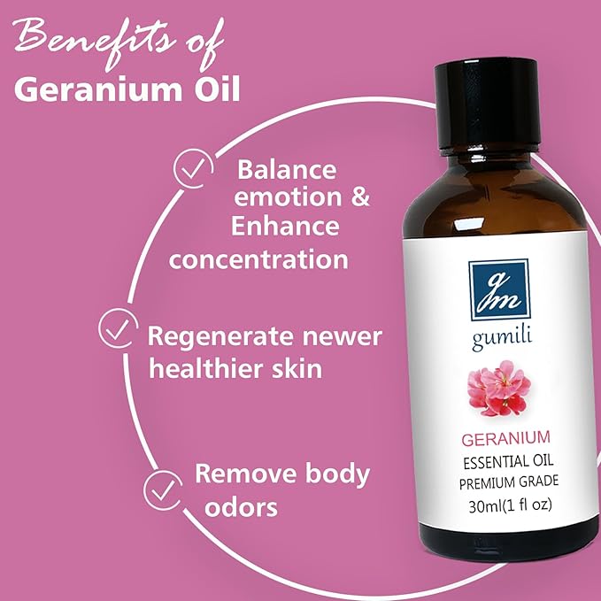 Geranium Essential Oil 1 Oz, 100% Pure Geranium Oil for Diffuser, Skin, Hair, Face, Soap & Candle Making, Aromatherapy & Massage