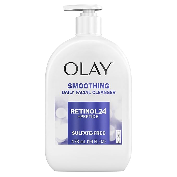 Olay Face Wash,Daily Facial Cleanser with Retinol,Peptides & Glycerin - Smoothing,Noursihes Skin Surface,Hydrates while Cleansing - Sulfate-Free,Paraben-Free,16 Oz,(Pack of 2)