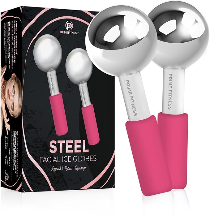 Prime Fitness Ice Globes for Facials | Unbreakable Steel Cooling Roller | Cryo Sticks for Face | Face Massager for Neck & Eyes | Skin Care for Dark Circles, Puffiness (Red)