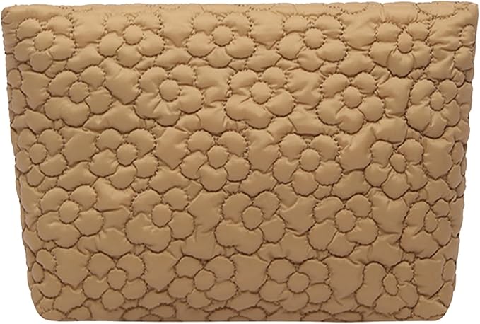 Puffy Quilted Makeup Bag, Cosmetic Bag, Travel Toiletry Organizer Pouch, Clutch for Wom (Khaki Flower)
