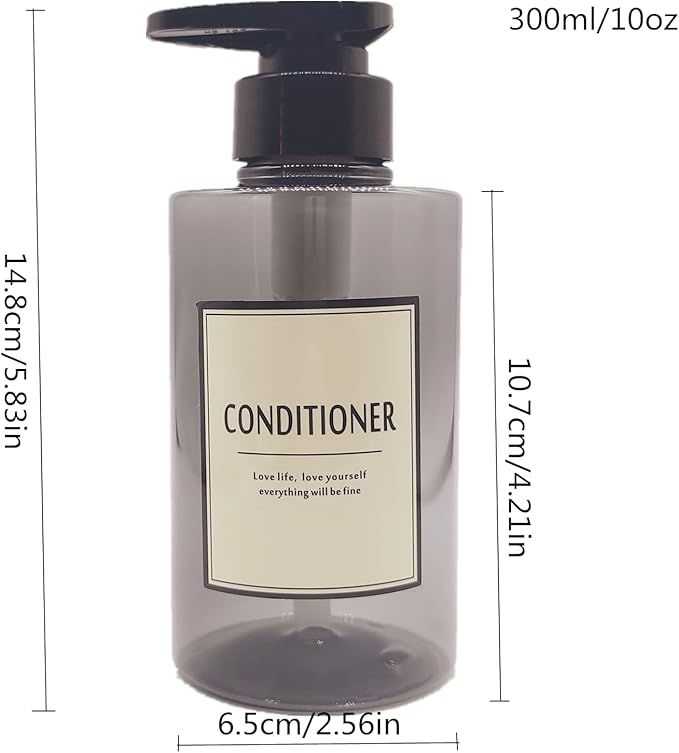 300ml Travel Shampoo Bottles Refillable,Empty Pump Plastic Dispensers 10 oz Shower Containers for Shampoo Conditioner Body Wash (Transparent Black,1 Set)