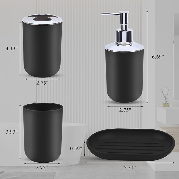 4 Piece Bathroom Accessories Set, Plastic Bathroom Accessory Set, Toothbrush Holder, Toothbrush Cup, Soap Dispenser, Soap Dish, Black