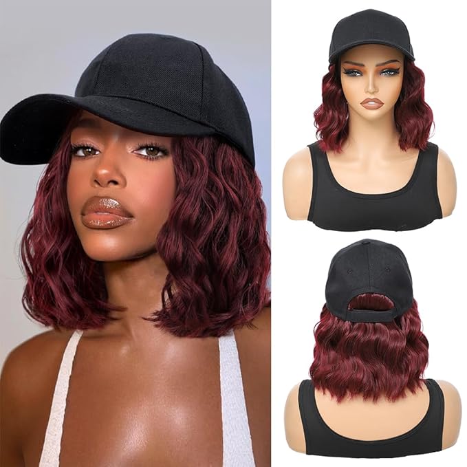 GUOJIAN Hat Wigs for Women 6' Short Wave Baseball Cap Wigs with Curly Hair Extensions Synthetic Wave Wig Adjustable Hat with Hair Attached for Daily Use (99J, 6inch)
