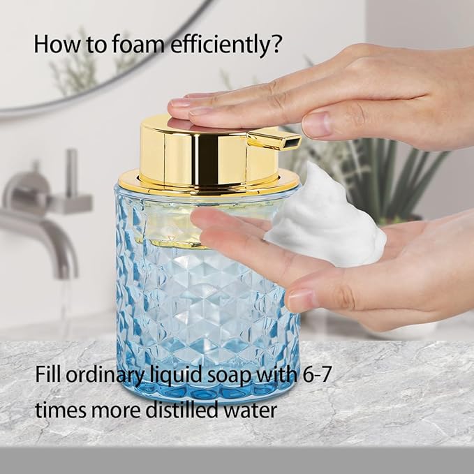2pcs Amber Foaming Soap Dispenser, Glass Soap Dispenser with Gold Pump, Bathroom Refillable 10 Oz Lotion Shampoo Pump Container Vintage Diamond Bottle for Bathroom and Kitchen