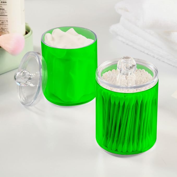 Green Qtip Holder Organizer Dispenser Cotton Swabs Cans Plastic Jars with Lid Set 2 Pack Bathroom Storage Canister for Cotton Ball Floss Cotton Pads