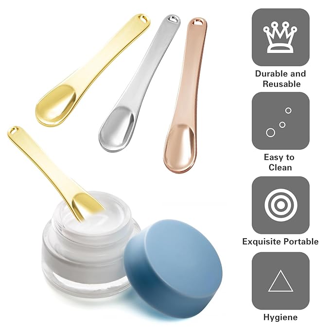 3 Pack Metal Cosmetic Spatulas,Mini Makeup Spoon,Eye Cream Applicator,Facial Cream Mask Scoop Tool,Beauty Spatulas for Facial Cosmetic Face Mask(Gold, Silver, Rose Gold)