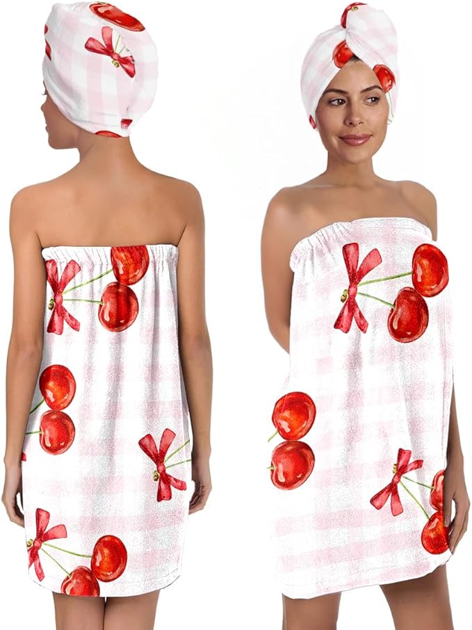 Cherry Bath Wrap with Hair Drying Turban, Pink Plaid Microfiber Shower Skirt Set, Quick Dry Spa Wrap Towel for Women Girls Dorm Home (Cherry 4)