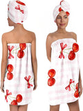 Cherry Bath Wrap with Hair Drying Turban, Pink Plaid Microfiber Shower Skirt Set, Quick Dry Spa Wrap Towel for Women Girls Dorm Home (Cherry 4)