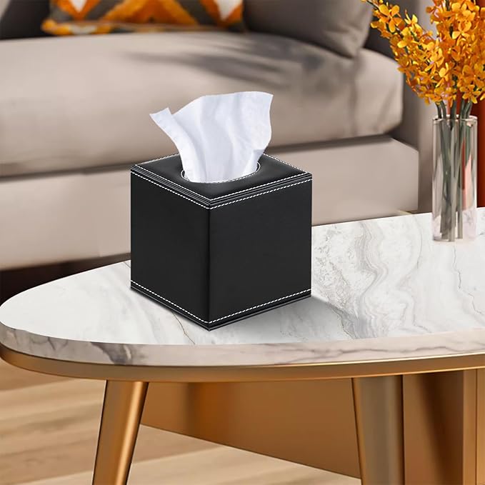 Leather Tissue Box Cover Square,Upgrade 99% Compatible Large Size,Modern Tissue Box Holder for Napkin Facial Paper,Dryer Sheet Dispenser Organizer for Bathroom Vanity Countertop,Night Stand Black