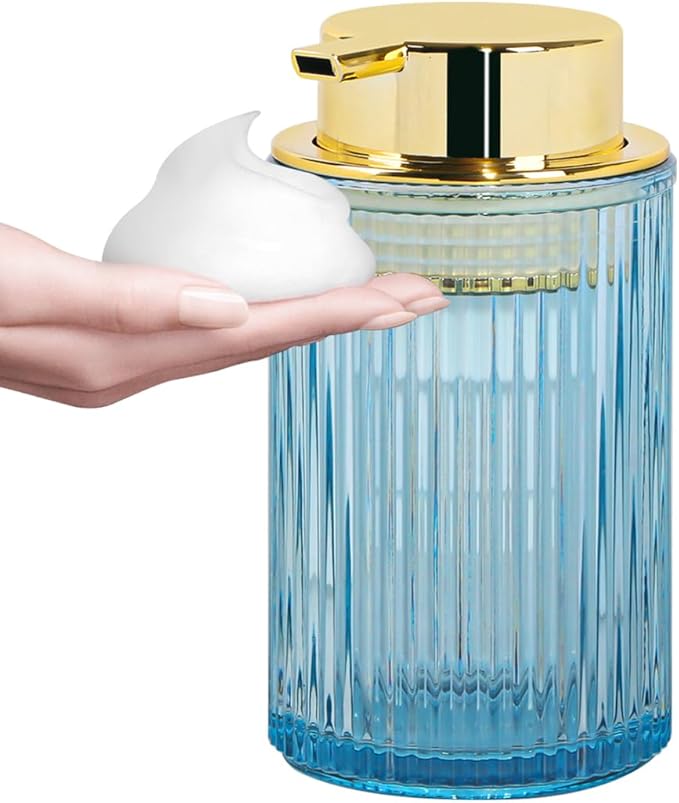 Foaming Soap Dispenser, 12 Oz Thick Glass Foam Hand Soap Dispenser, Refillable Glass Foam Pump Bottle Container Decorative Slim Ribbed Bottle for Bathroom and Kitchen (1, Blue Gold)