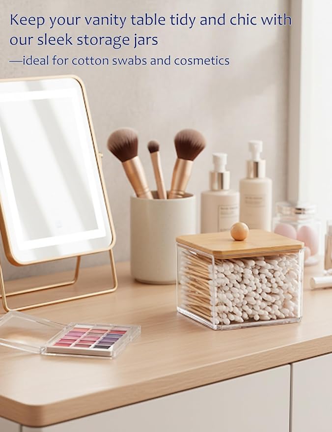 Cotton Swab Holder with Bamboo Lid, Clear PS Plastic Qtip Container, Single Layer Bathroom Countertop Organizer for Cotton Balls & Pads, Vanity Storage, Dorm Room Essentials, Small Space Decor