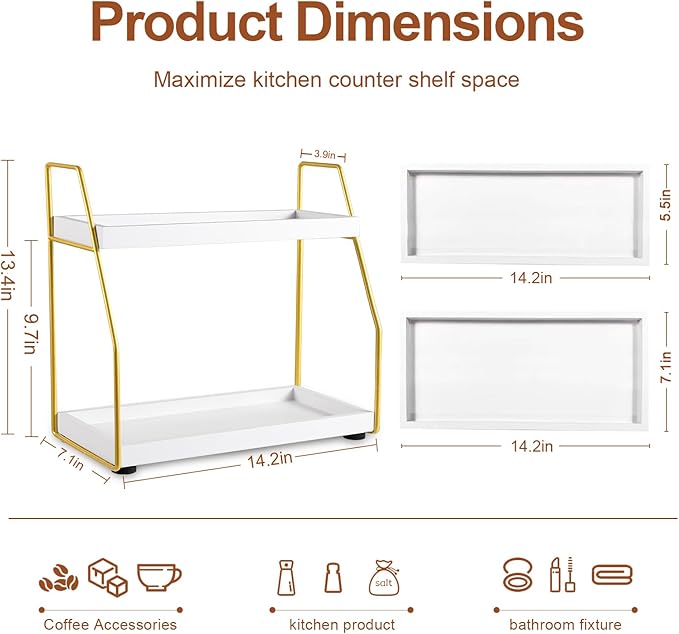 DWTS Coffee Bar Accessories,Coffee Station Organizer with Multi-Functional,CoffeeBar Decor for Accessories,2 Tier Wooden Shelf Gold Metal Station Organizer for Countertop,Syrup
