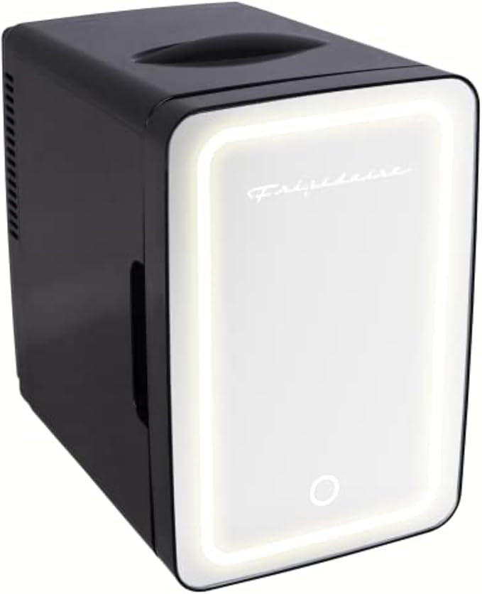 Frigidaire Mini Personal Fridge Cooler, LED Lighted Mirror, 6.5L Capacity, 9 Cans, 100% Freon-Free & Eco Friendly, for Makeup, Skincare, Portable, Black