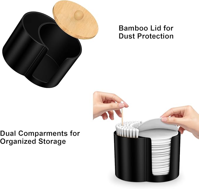 Cotton Pad Swab Holder, Q tip Holder Round Makeup Pads Dispenser Small Plastic Swabs Dispenser with Lid, Bathroom Accessories Storage Organizer for Floss Picks, Black