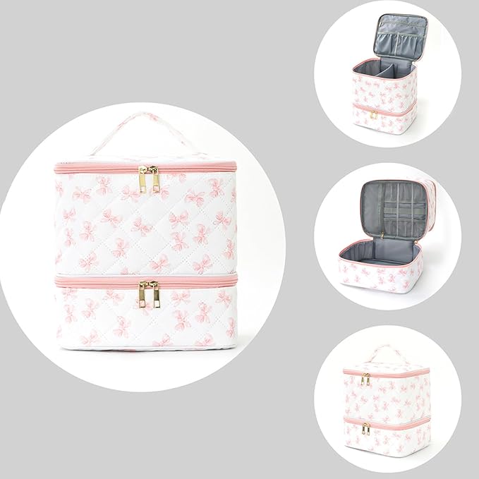 hibear Nail Supplies Organizer Nail Polish Storage Holds 30 BottlesNail Polish Storage Holds 30 Bottles Nail Kit Case Makeup Bag Vanity Case for Women (BOW PINK)