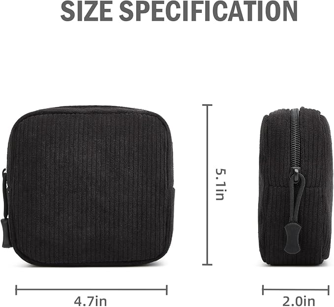 Small Makeup Bag for Purse,Mini Cosmetics Bag cute Zipper corduroy Cosmetic Pouch Storage Pouch Travel Toiletry Organizer for Women Girls(Black)