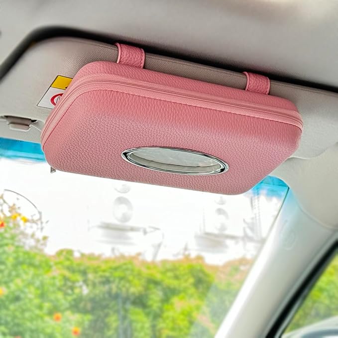 Sun Visor Tissue Holder, Zipper Napkin Holder, PU Leather Backseat Tissue Case for Vehicle (Pink)