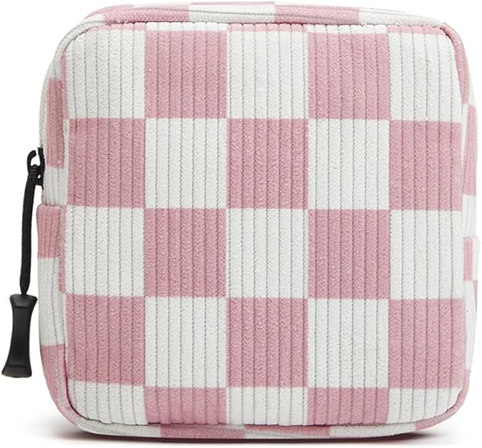 Small Makeup Bag for Purse,Mini Cosmetics Bag cute Zipper corduroy Cosmetic Pouch Storage Pouch Travel Toiletry Organizer for Women Girls(Checkered Pink)