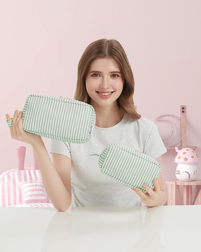 Narwey Cute Makeup Bag Small Toiletry Bag Travel Cosmetic Bag Organizer Make Up Bags with Organized Pockets for Women (Mint Green Stripe, Large)