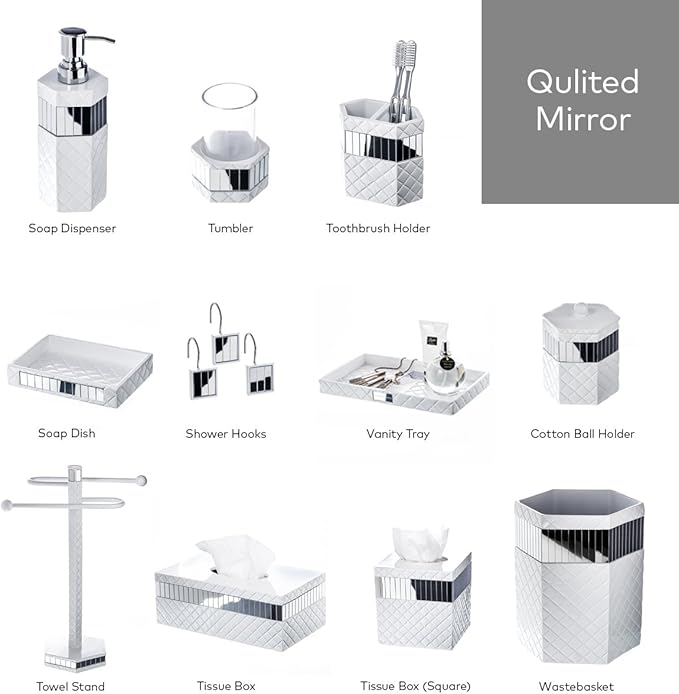 Creative Scents Quilted Mirror White Bathroom Trash Can 1.58 Gal / 6L – Decorative Waste Basket for Bathroom - Space Friendly Mirrored Wastebasket Bin, for Elegant Powder Room or Bedroom Decor