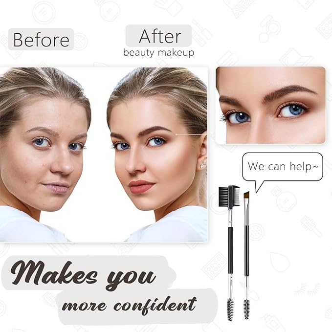 2PCS- 1 Eyebrow Brush + 1 Eyelash Shaper, Professional Double-Ended Angled Eye Brow Spoolie Brush, 3 Head Eyelash Comb Double Head Brushes, Makeup Grooming Tools Brushes for Shaping Brow Lashes