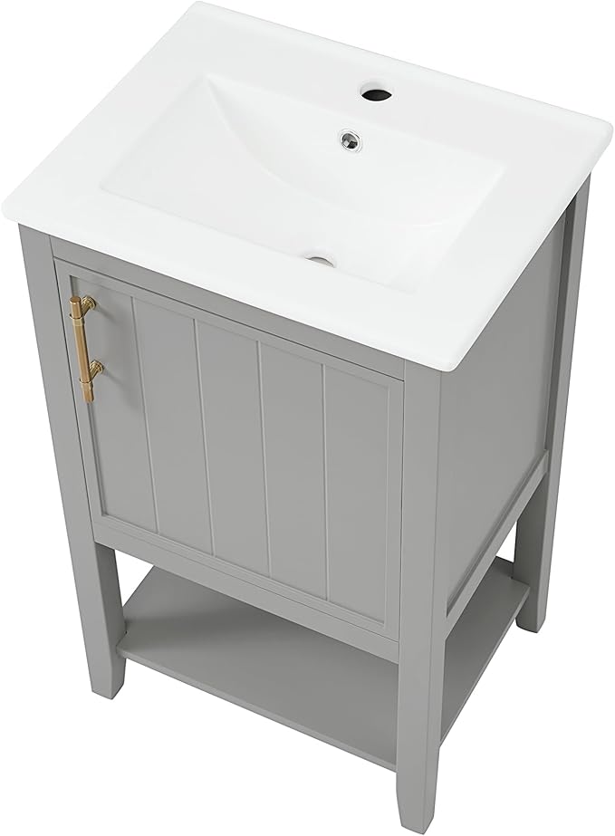 Bellemave 20" Small Bathroom Vanity with Sink, Modern Bathroom Storage Cabinet with Door and Storage Rack, Free Standing Single Basin Vanity with Open Shelf, Undermount Ceramic Sink, Grey