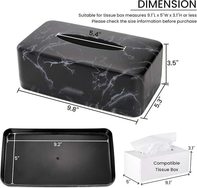 Tissue Box Holder, Rectangular Napkin Dispenser Box Cover, Black Faux Marble Facial Dryer Sheet Towel Organizer Case for Bathroom, Bedroom, Restaurant, Cars
