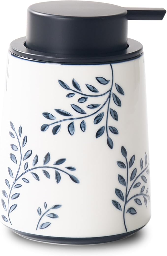 Hand Soap Dispenser for Bathroom, Ceramic Lotion Dispenser, Chinoiserie Bathroom Accessories, Blue and White Leaf