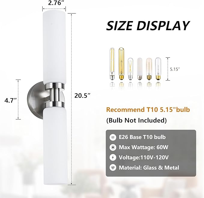 2 Light Brushed Nickel Bathroom Light Fixture Over Mirror, Modern Farmhouse Bathroom Vanity Light with Milky White Frosted Glass Shade, Wall Sconce for Hallway Cabinet Bedroom Porch