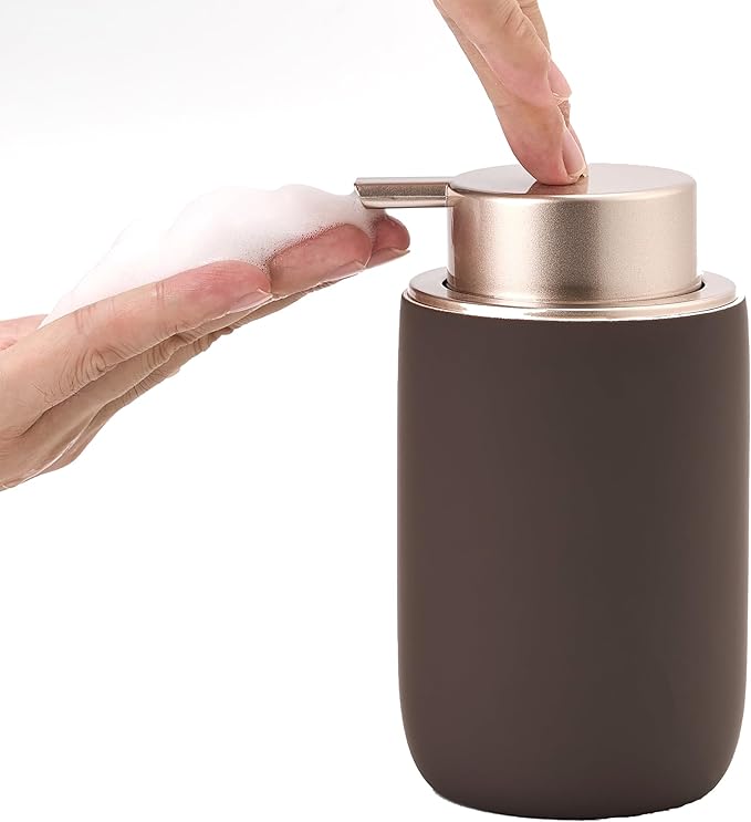 Foaming Soap Dispenser with Plastic Pump,12oz Foam Dispenser Bathroom,Kitchen Foam Soap Dispenser,Brown Hand Soap Bottle(Rubber Paint& Ceramic)