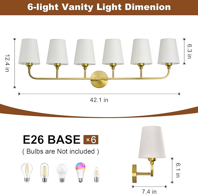 Bathroom Vanity Light, Brushed Gold Bathroom Light Fixtures, 6-Light Lighting Fixtures Over Mirror, Modern Wall Sconce with Flared White Fabric Shade, E26 Socket(ETL Listed)