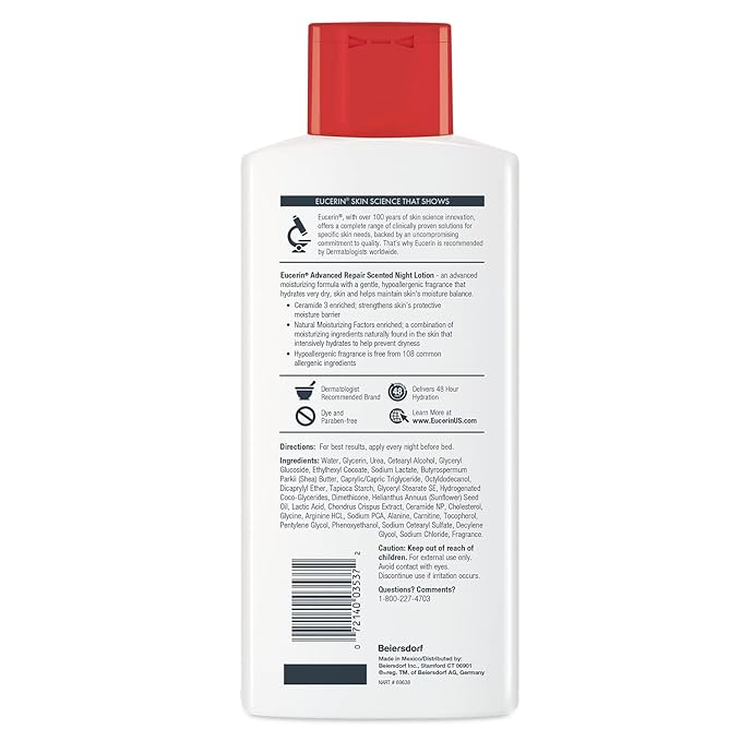Eucerin Advanced Repair Scented Night Lotion, 48 Hour Moisturizing Body Lotion for Dry Skin with a Hypoallergenic Soothing Scent, Paraben Free, 13.5 Fl Oz Bottle