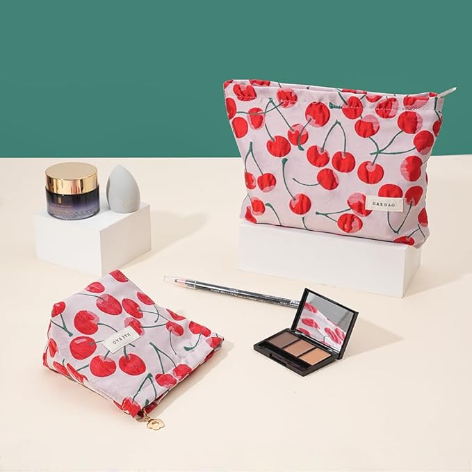 2 PCS Makeup Bag Small Cute Makeup Pouch Floral Cosmetic Bag for Women，Soft Toiletry Bag Pouch for Purse，Embroidery Craft Makeup Bag with Zipper（Cherry）