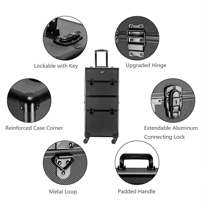 mefeir 2 in 1 Rolling Makeup Train Case Professional Cosmetic trolley on Wheels Aluminum Nail Cart Cosmetic Suitcase for professional makeup artist, Luggage Lockable w/4 Removable Wheels (Black)