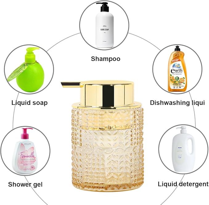 Amber Glass Foaming Soap Dispenser, 2pcs Refillable Foam Soap Dispenser with Gold Pump, Glass Lotion Container Bottle for Kitchen and Bathroom Countertop,Wide-Mouthed and Easy to Press