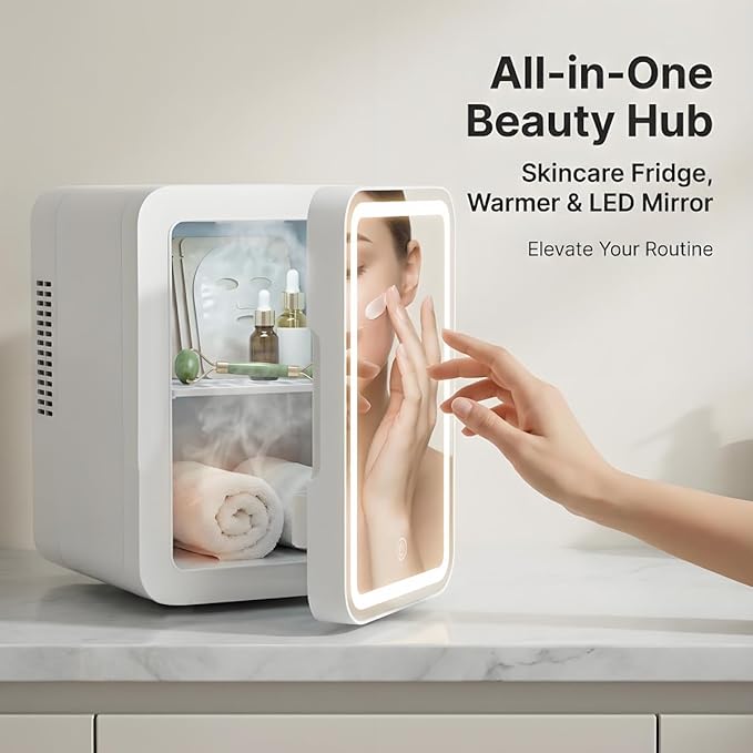 Lispin Mini Fridge for Bedroom, 4L Skincare Fridge with Dimmable LED Light Mirror for Dorm & Office, Portable Cooler & Warmer Small Compact Refrigerator for Skincare (White-4L)