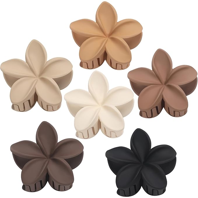 Hawaiian Plumeria Flower Claw Hair Clips - 6 Pcs Large for Thick Hair and Thin for Beach, Hair Accessories for Women and Girls - Khaki