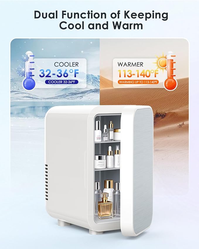 Skincare Fridge with Glass Panel, 6L Mini Fridge for Home/Car, AC/DC Portable Thermoelectric Cooler and Warmer, Makeup Mini Compact Refrigerator for Skincare Cosmetics Food Drinks (White)