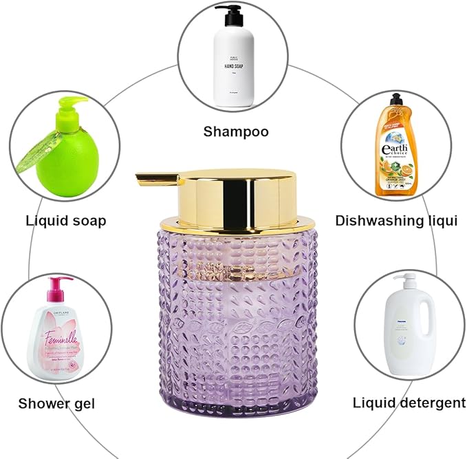 Foaming Soap Dispenser, Purple Glass Foam Soap Dispenser with Gold Pump, Refillable 10oz Lotion Liquid Container Pump Bottle for Bathroom Kitchen Countertop